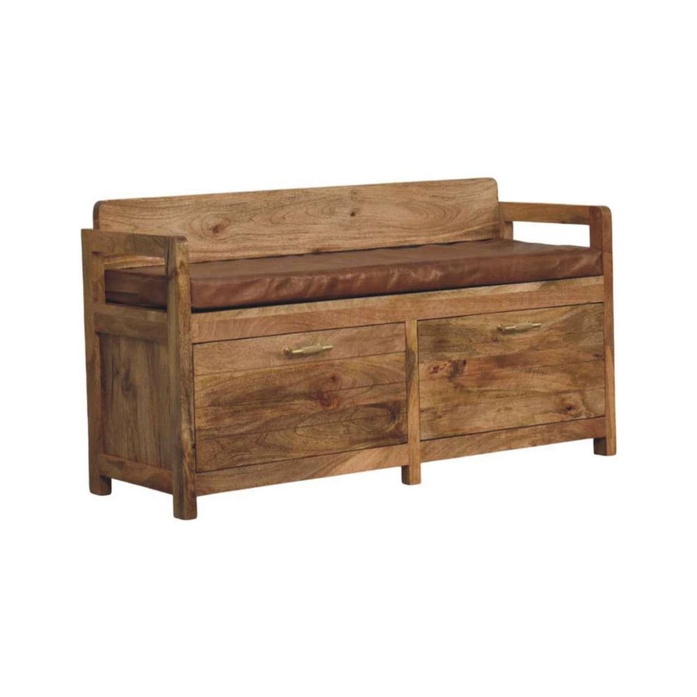 39" Brown And Oak Genuine Leather And Solid Wood Upholstered Storage Bench With Drawers — view 3