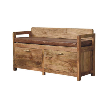 39" Brown And Oak Genuine Leather And Solid Wood Upholstered Storage Bench With Drawers HomeRoots