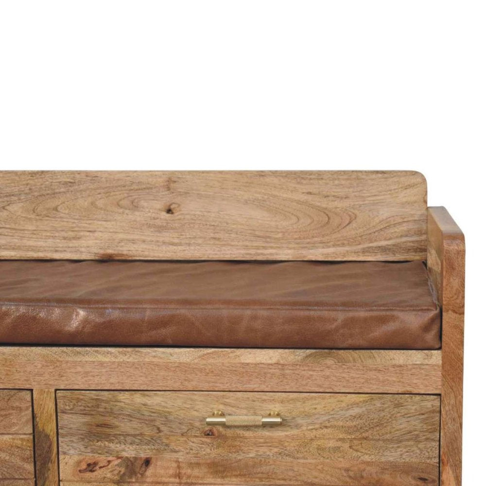 39" Brown And Oak Genuine Leather And Solid Wood Upholstered Storage Bench With Drawers HomeRoots