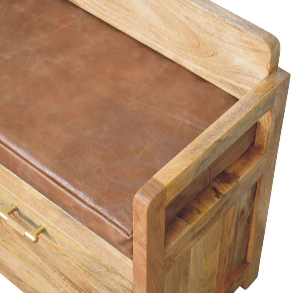 39" Brown And Oak Genuine Leather And Solid Wood Upholstered Storage Bench With Drawers HomeRoots