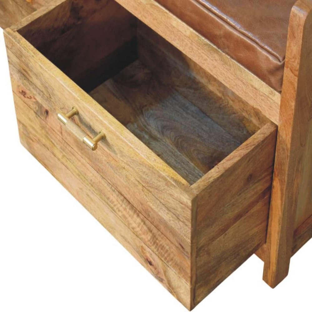 39" Brown And Oak Genuine Leather And Solid Wood Upholstered Storage Bench With Drawers HomeRoots