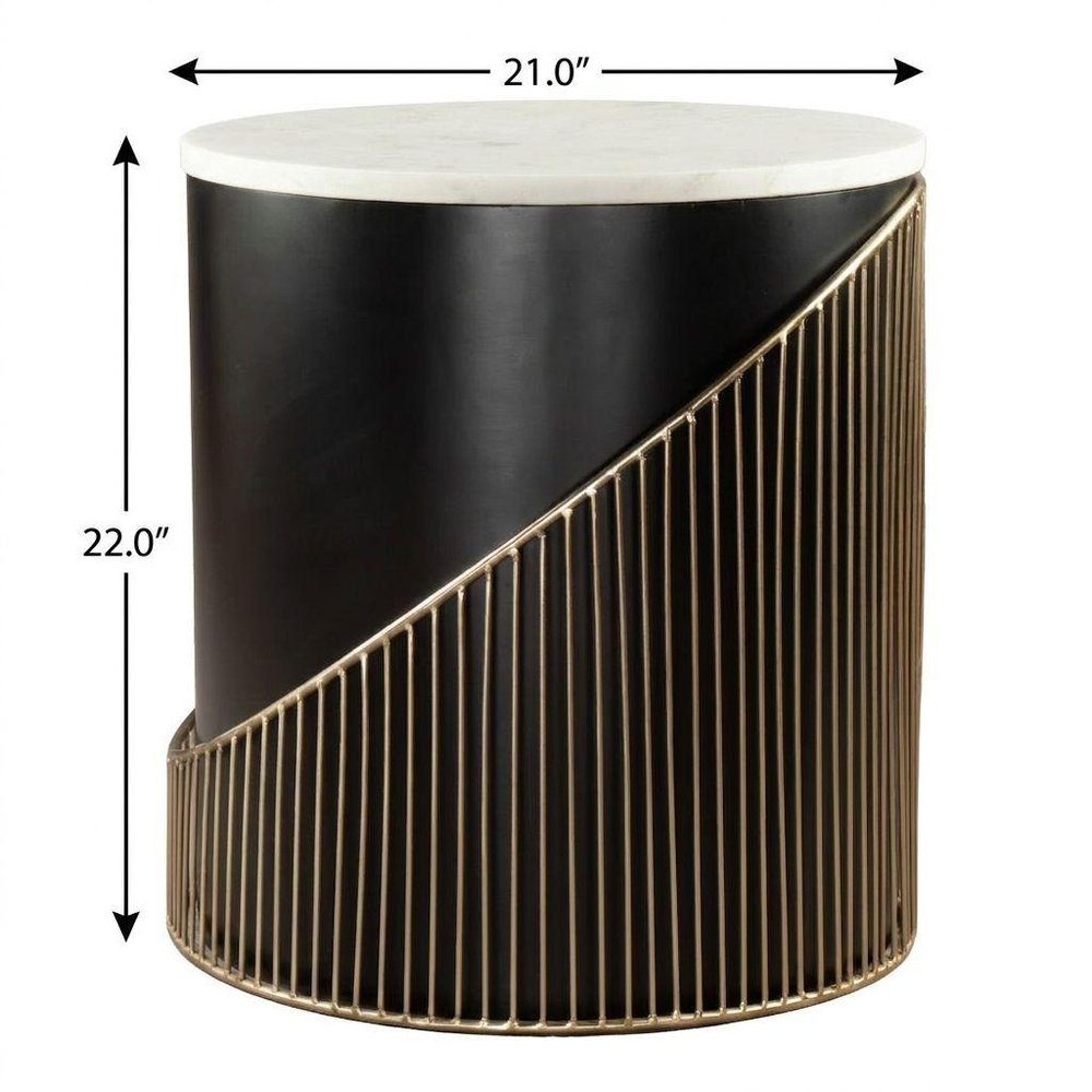 22" White Black and Gold Marble Iron and Wood Round Drum End Table — view 6