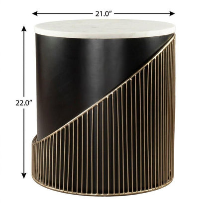 22" White Black and Gold Marble Iron and Wood Round Drum End Table HomeRoots