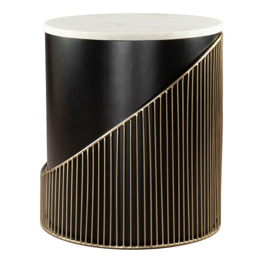 22" Black White And Gold Iron And Wood Round Drum End Table