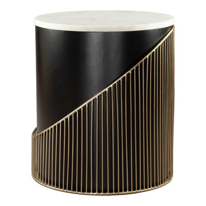22" White Black and Gold Marble Iron and Wood Round Drum End Table HomeRoots