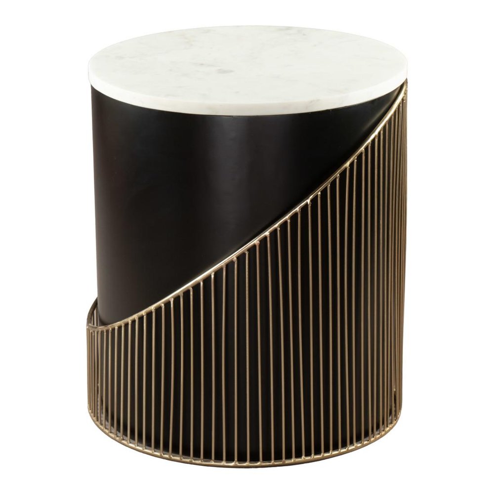 22" Black White And Gold Iron And Wood Round Drum End Table — view 2