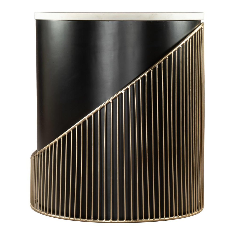22" Black White And Gold Iron And Wood Round Drum End Table — view 3