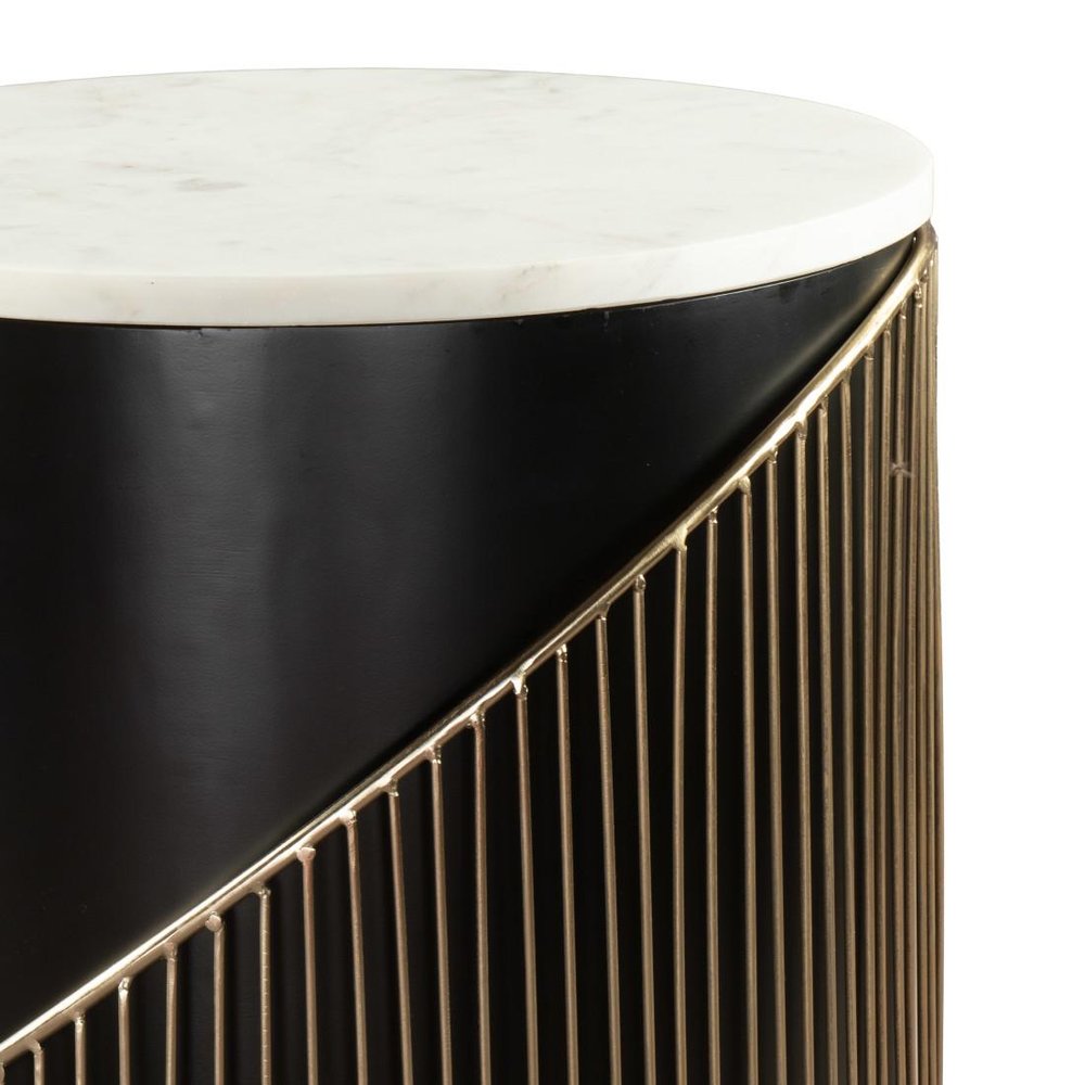 22" White Black and Gold Marble Iron and Wood Round Drum End Table — view 5