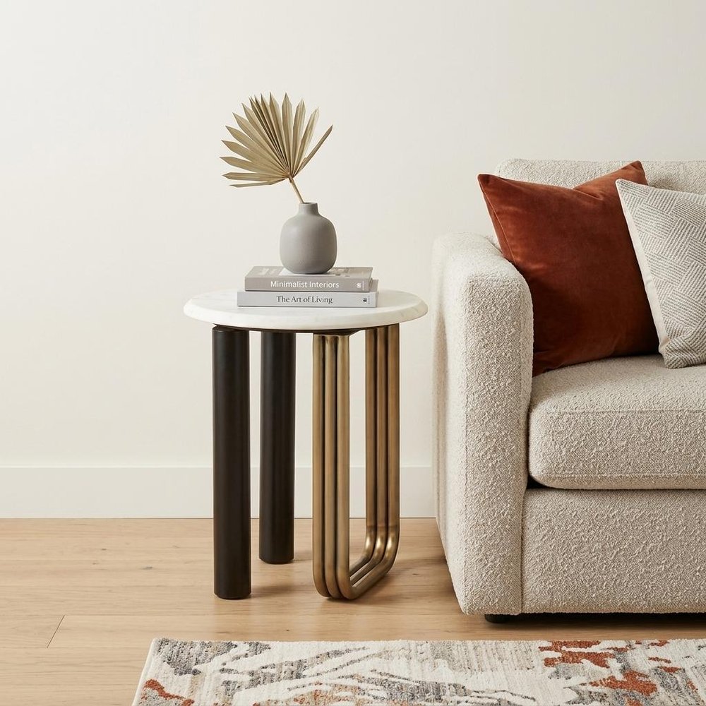 24" White Black And Gold Marble and Iron Round Sled End Table — view 8