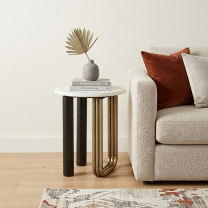 24" White Black And Gold Marble and Iron Round Sled End Table