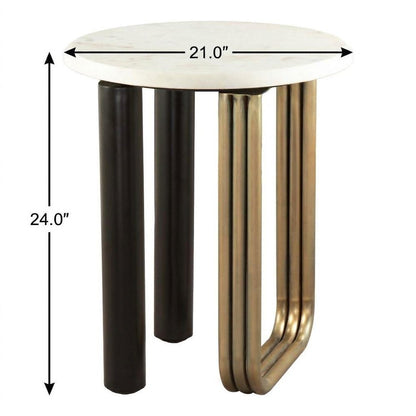 24" White Black And Gold Marble and Iron Round Sled End Table HomeRoots