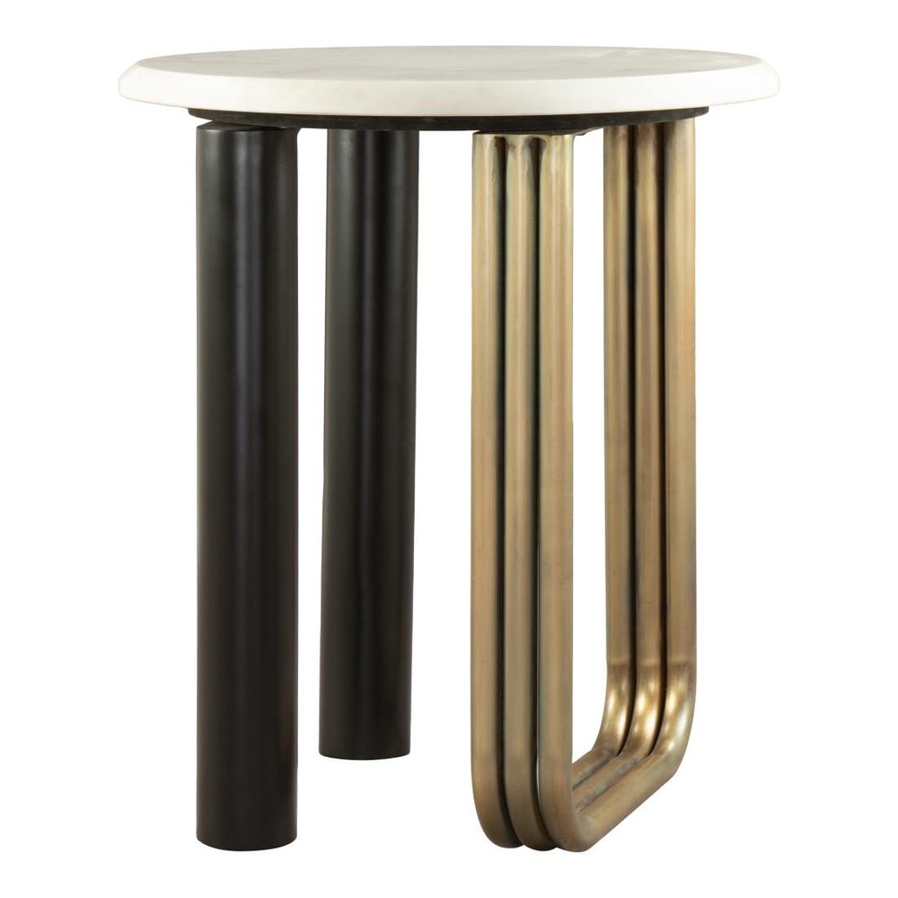 24" White Black And Gold Marble and Iron Round Sled End Table — view 2