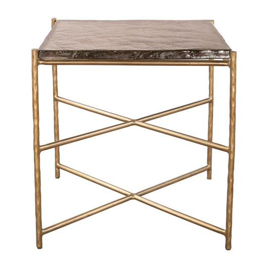 22" Gold Tempered Glass And Iron Square End Table