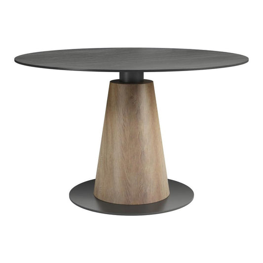 48" Black Sintered Stone Wood And Steel Pedestal Base Round Top Dining Table