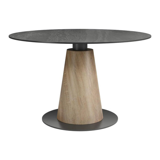 48" Black Sintered Stone Wood And Steel Pedestal Base Round Top Dining Table