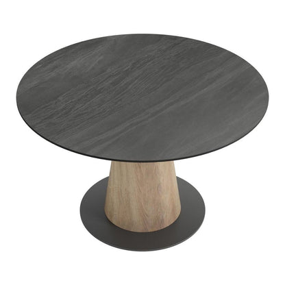 48" Black Sintered Stone Wood And Steel Pedestal Base Round Top Dining Table HomeRoots