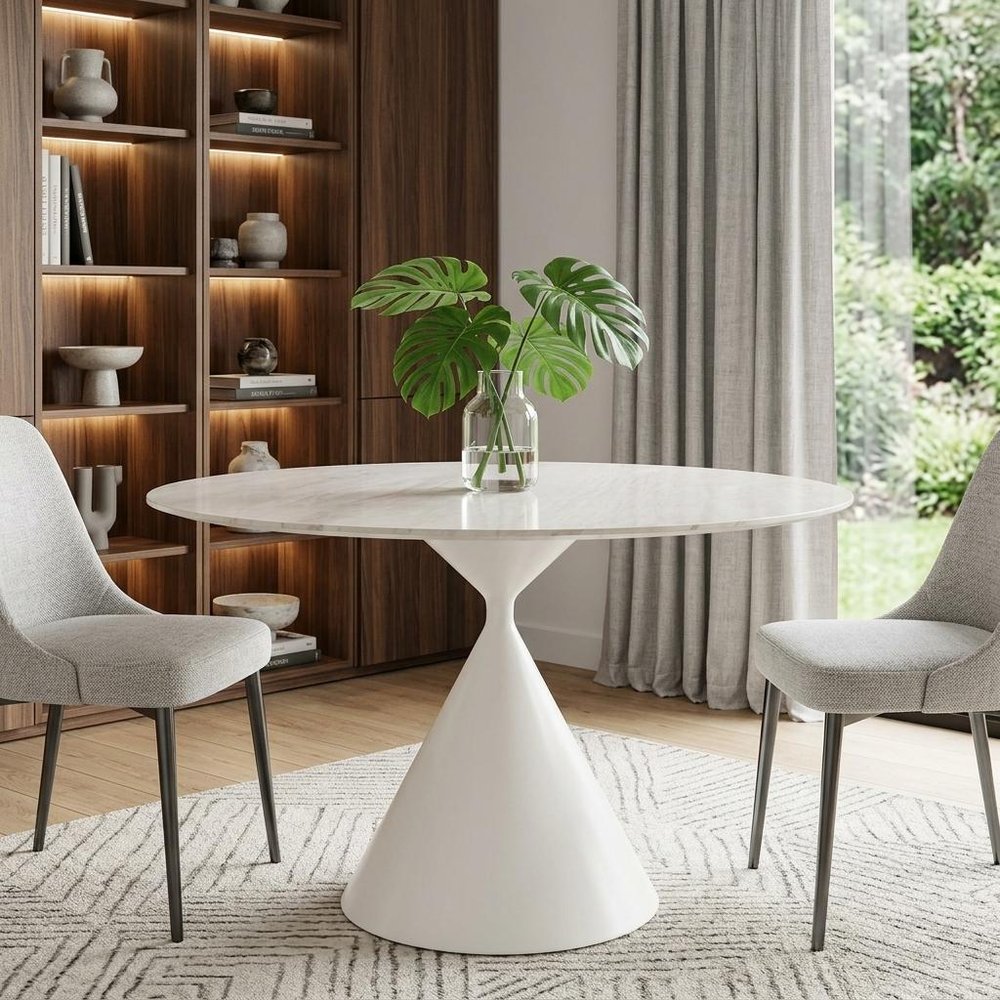 44" Beige And White Sintered Stone And Steel Pedestal Base Round Top Dining Table — view 1