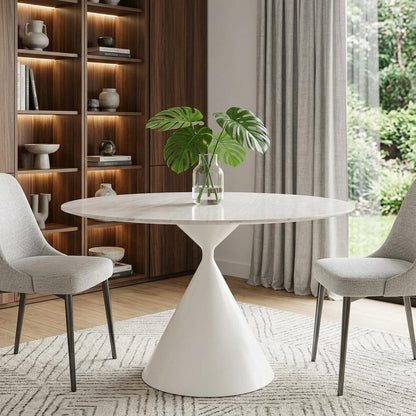 44" Beige And White Sintered Stone And Steel Pedestal Base Round Top Dining Table HomeRoots