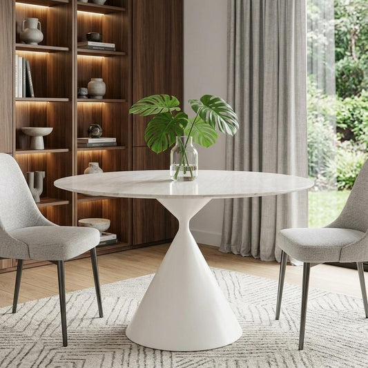 44" Beige And White Sintered Stone And Steel Pedestal Base Round Top Dining Table HomeRoots