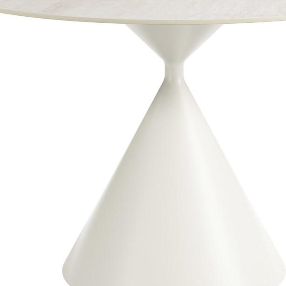 44" Beige And White Sintered Stone And Steel Pedestal Base Round Top Dining Table HomeRoots