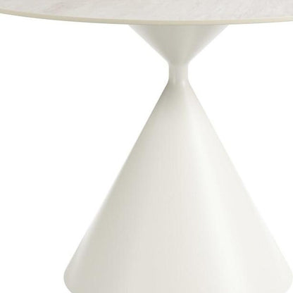 44" Beige And White Sintered Stone And Steel Pedestal Base Round Top Dining Table HomeRoots