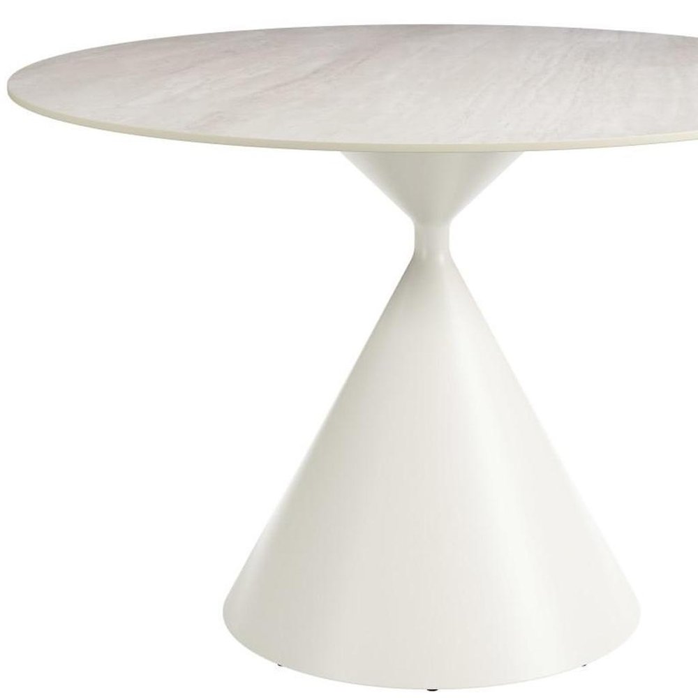 44" Beige And White Sintered Stone And Steel Pedestal Base Round Top Dining Table HomeRoots