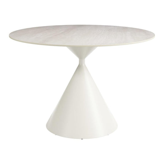 44" Beige And White Sintered Stone And Steel Pedestal Base Round Top Dining Table