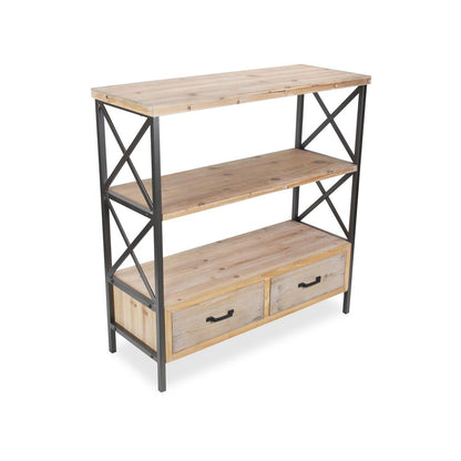 37" Brown Distressed Metal And Wood Three Tier Etagere Bookcase with Two Drawers HomeRoots