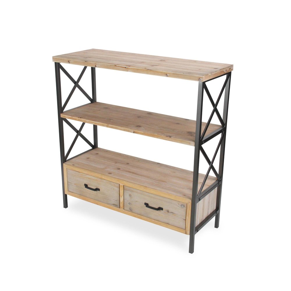 37" Brown Distressed Metal And Wood Three Tier Etagere Bookcase with Two Drawers HomeRoots