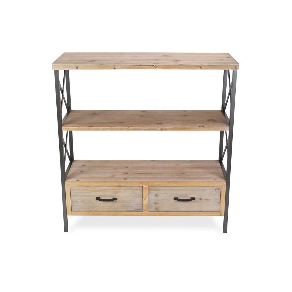 37" Brown Distressed Metal And Wood Three Tier Etagere Bookcase with Two Drawers HomeRoots