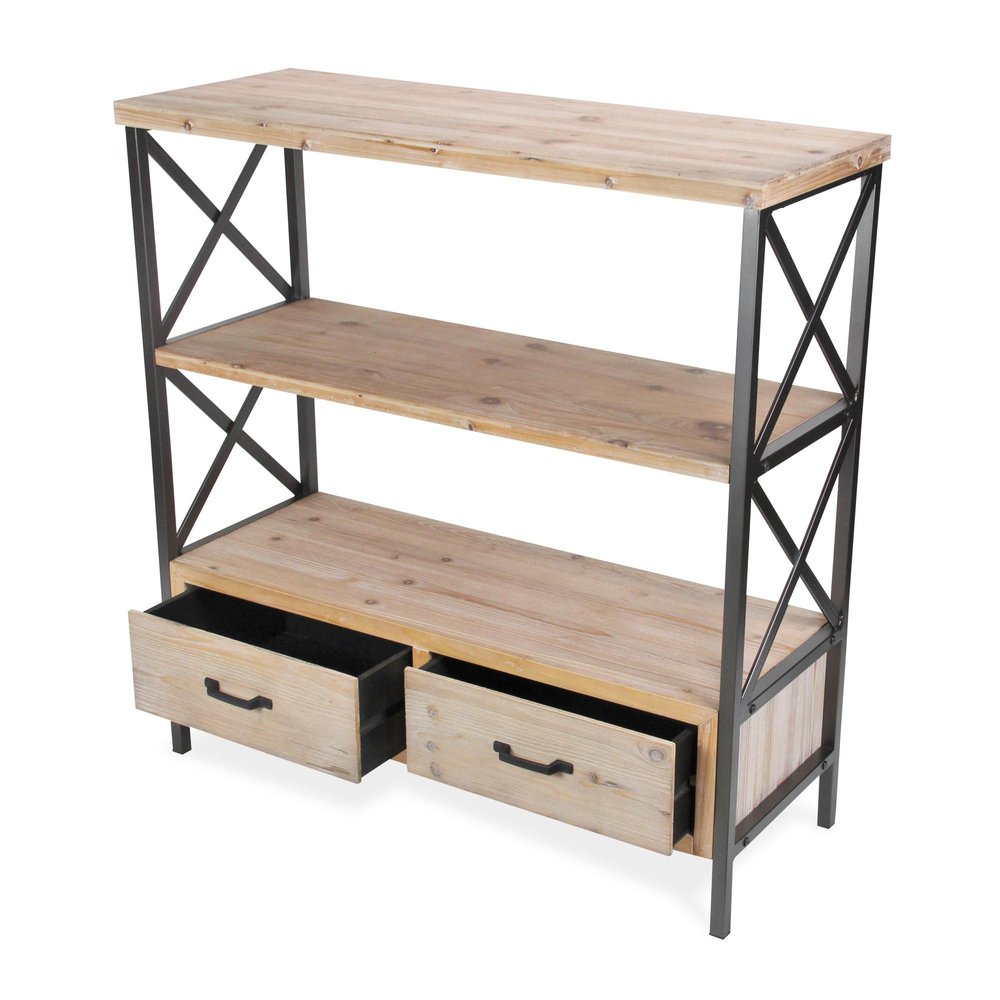 37" Brown Distressed Metal And Wood Three Tier Etagere Bookcase with Two Drawers HomeRoots