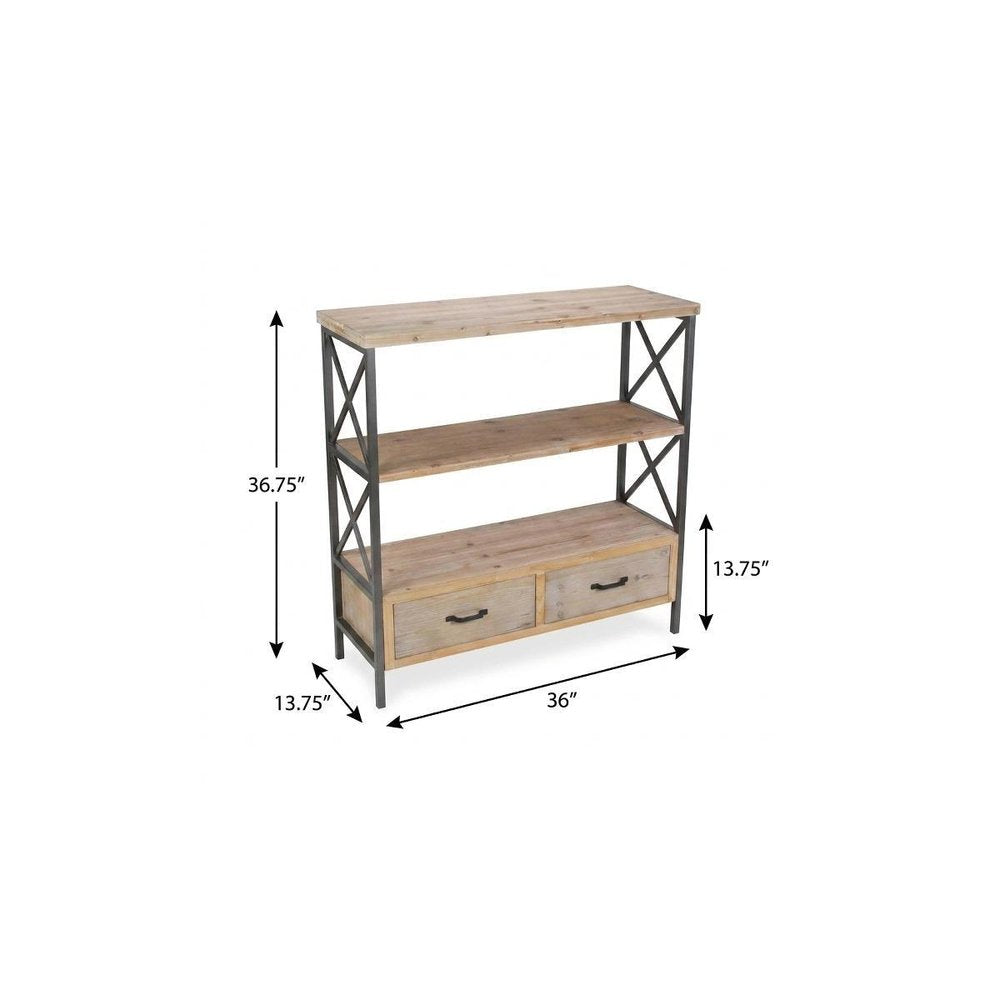 37" Brown Distressed Metal And Wood Three Tier Etagere Bookcase with Two Drawers — view 5