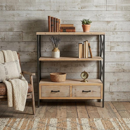 37" Brown Distressed Metal And Wood Three Tier Etagere Bookcase with Two Drawers HomeRoots