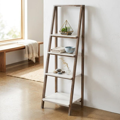 61" Brown And White Distressed Wood Four Tier Tier Ladder Bookcase HomeRoots