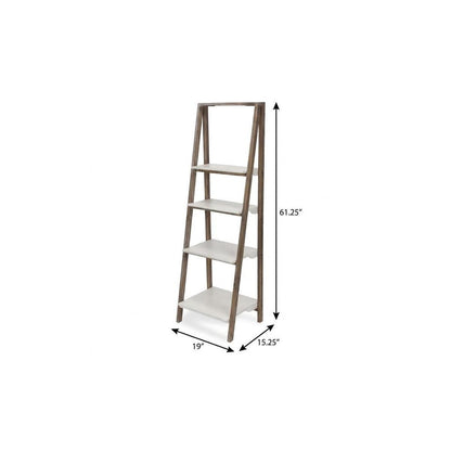 61" Brown And White Distressed Wood Four Tier Tier Ladder Bookcase
