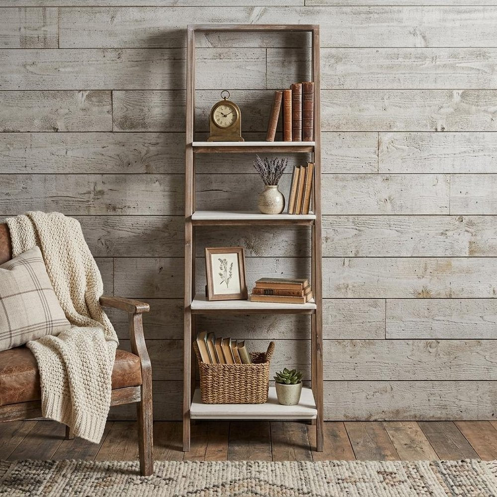 61" Brown And White Distressed Wood Four Tier Tier Ladder Bookcase — view 11