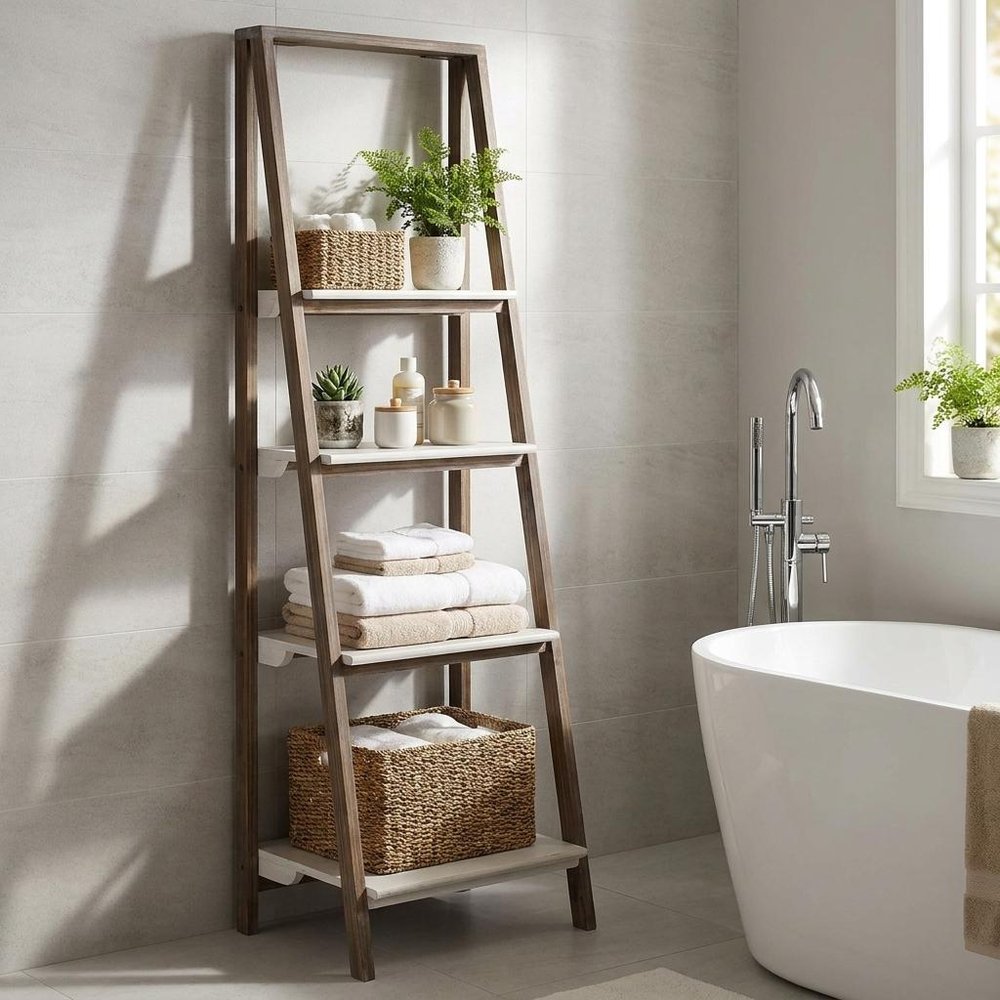61" Brown And White Distressed Wood Four Tier Tier Ladder Bookcase — view 1