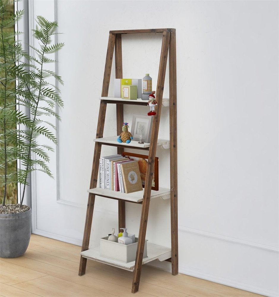 61" Brown And White Distressed Wood Four Tier Tier Ladder Bookcase HomeRoots