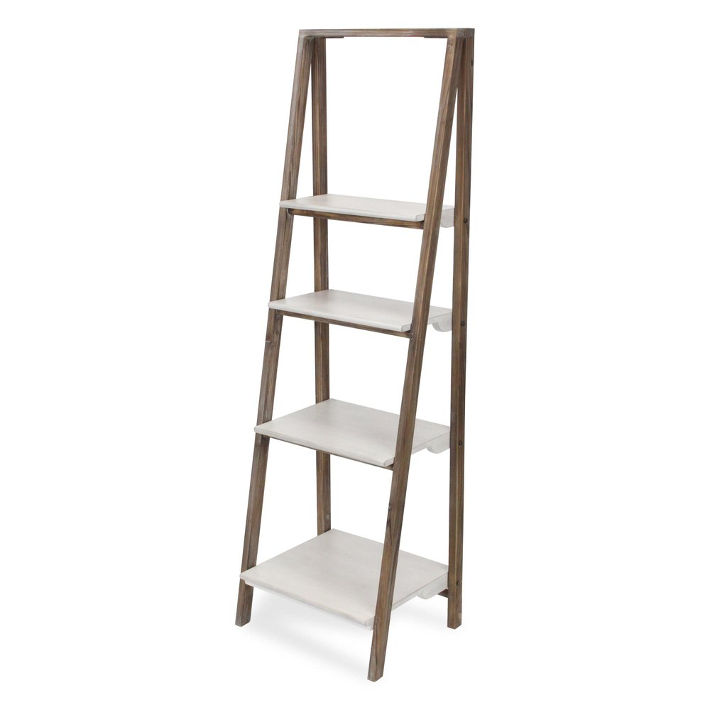 61" Brown And White Distressed Wood Four Tier Tier Ladder Bookcase — view 3