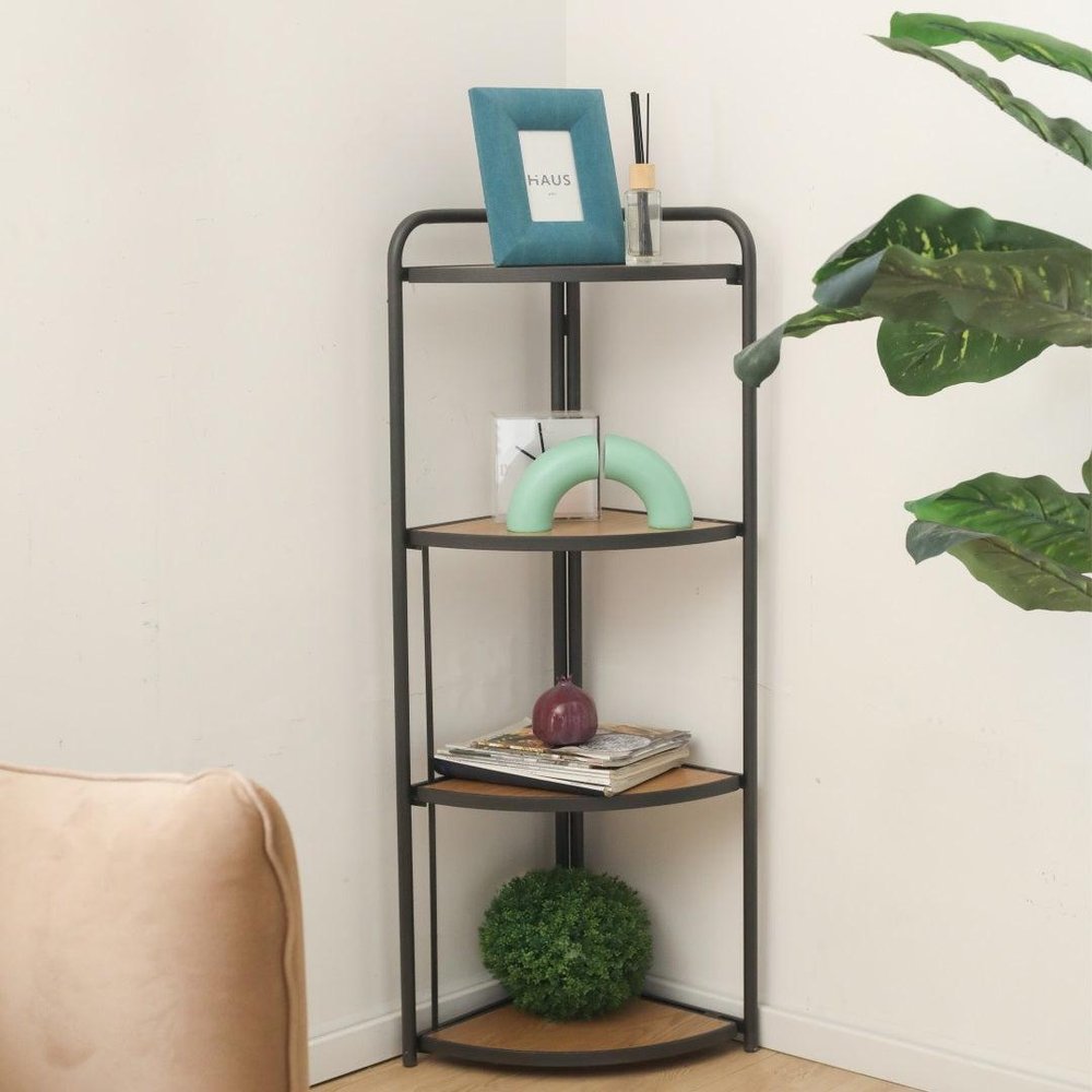 47" Brown Distressed Metal And Wood Four Tier Corner Bookcase HomeRoots