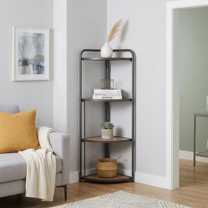 47" Brown Distressed Metal And Wood Four Tier Corner Bookcase HomeRoots
