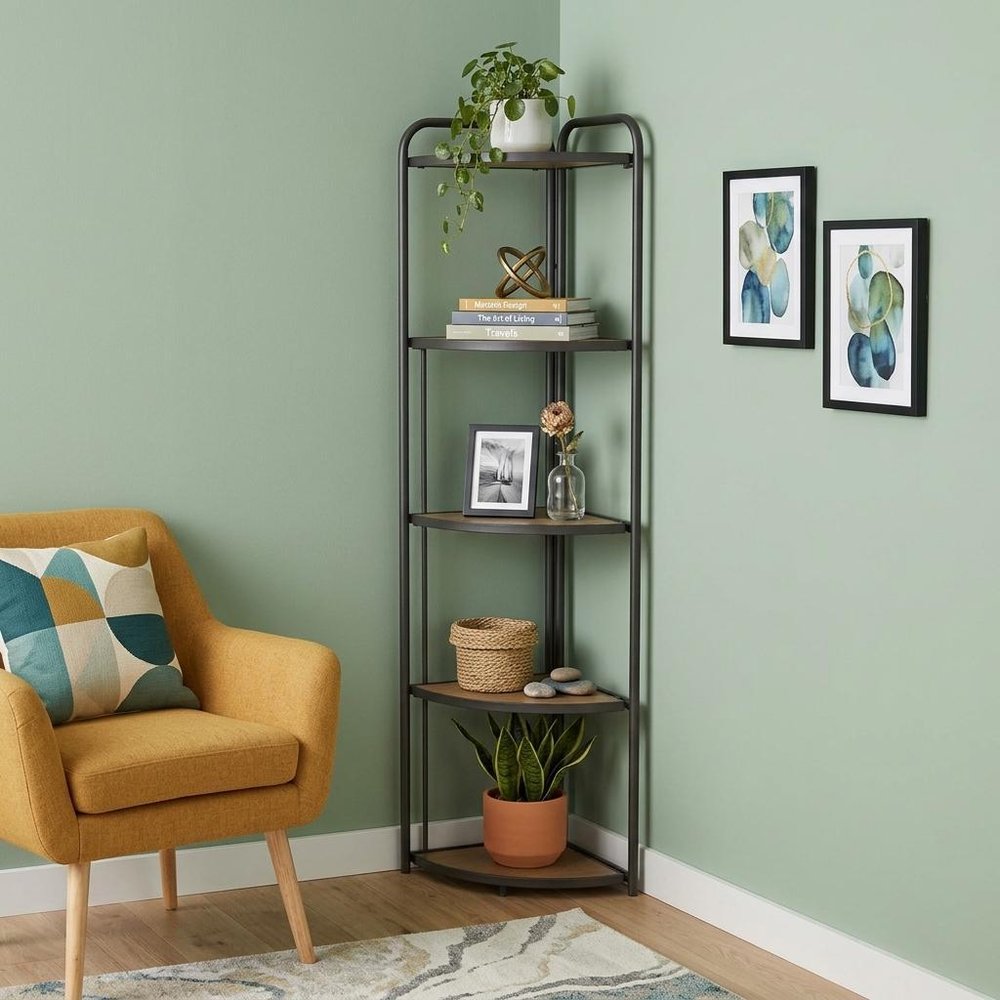 62" Black And Brown Metal and Wood Five Tier Corner Bookcase HomeRoots