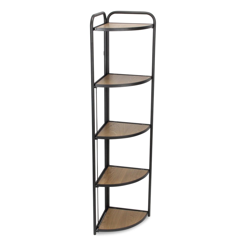 62" Black And Brown Metal and Wood Five Tier Corner Bookcase HomeRoots