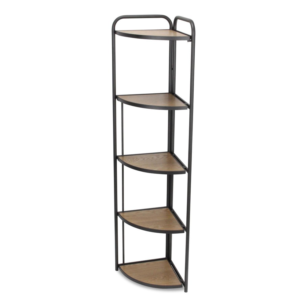 62" Black And Brown Metal and Wood Five Tier Corner Bookcase HomeRoots