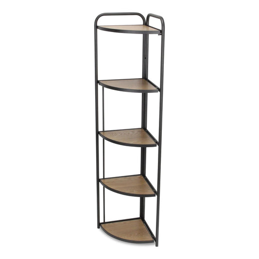 62" Black And Brown Metal and Wood Five Tier Corner Bookcase