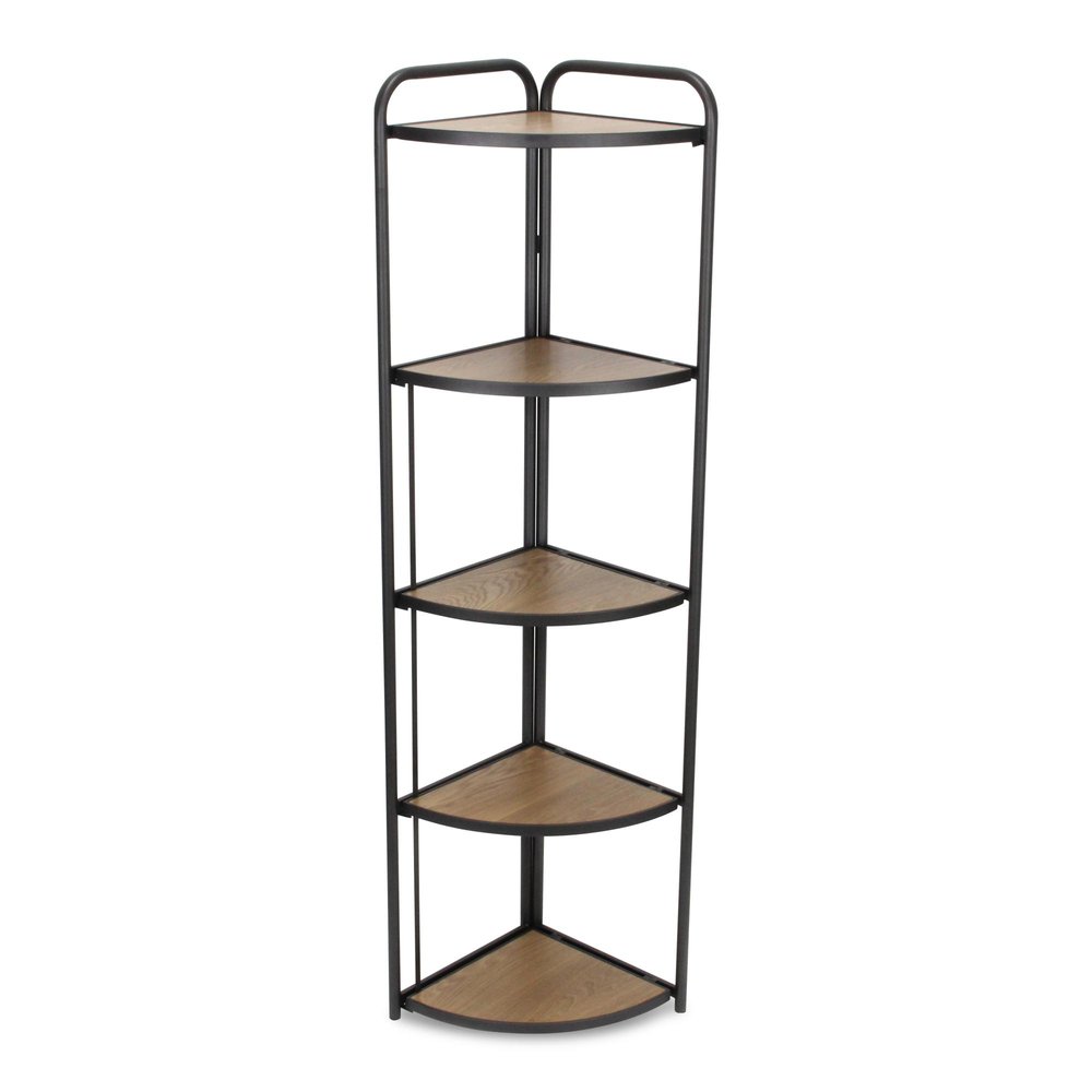 62" Black And Brown Metal and Wood Five Tier Corner Bookcase — view 3
