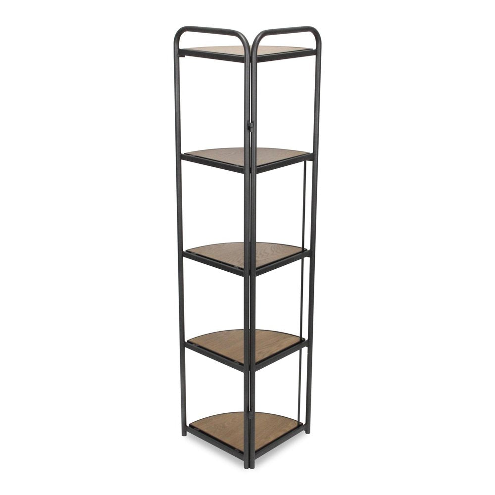 62" Black And Brown Metal and Wood Five Tier Corner Bookcase — view 4