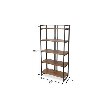 60" Brown Distressed Steel And Wood Five Tier Etagere Bookcase