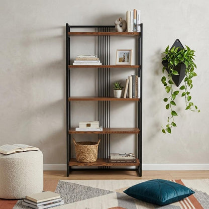 60" Brown Distressed Metal And Wood Five Tier Etagere Bookcase HomeRoots