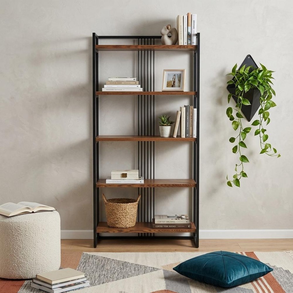 60" Brown Distressed Steel And Wood Five Tier Etagere Bookcase